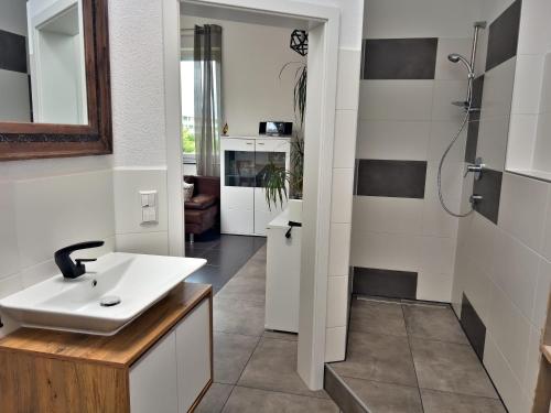 een badkamer met een wastafel en een douche bij Apartment Finke 2 an der Messe Friedrichshafen in Friedrichshafen