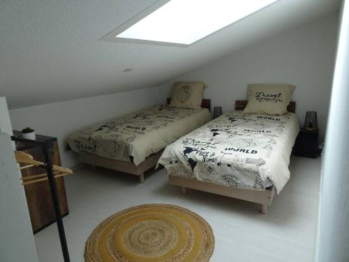 a bedroom with two beds and a skylight at Maison 4/6 personnes de 50 m² in Les Mathes