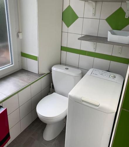 une petite salle de bain avec toilettes et lavabo dans l'établissement Grand studio centre ville Saint-Etienne, à Saint-Étienne