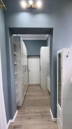 a hallway with blue walls and a white door at Casa Di David in Buzău