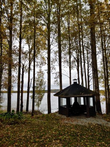 um pequeno edifício na floresta ao lado de um lago em Glamping tent Pielinen 
