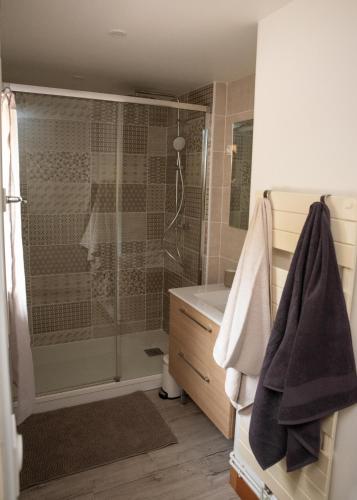 une salle de bain avec douche et lavabo dans l'établissement L'Aube Normande, à Villequier