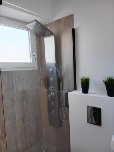 um chuveiro na casa de banho com uma janela em Ático en el centro de Estella em Estella