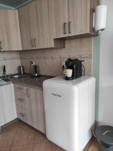 um frigorífico branco numa cozinha com armários de madeira em Apartamenty Gryfice Centrum - Nadrzeczna 2 em Gryfice