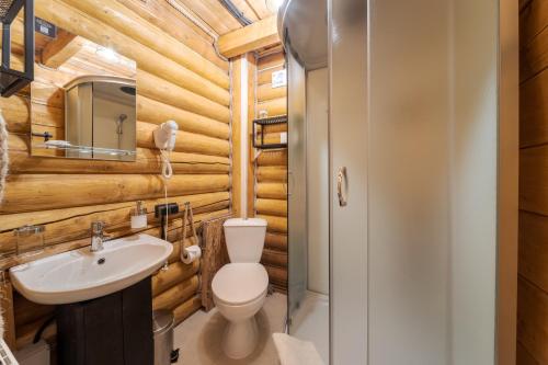 a bathroom with a toilet and a sink at Gremi Hotel in Dragobrat