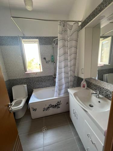 ein Badezimmer mit einer Badewanne, einem WC und einem Waschbecken in der Unterkunft Anushe's apartament in Pogradec