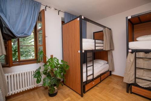 Women's Only Hostel - Female Only في براغ: غرفة بسريرين بطابقين ومصنع