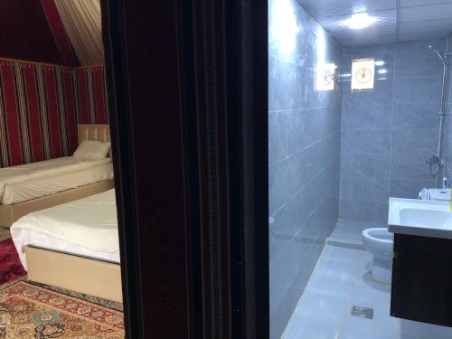 a bathroom with a shower and a toilet and a sink at Mira luxury camp in Wadi Rum