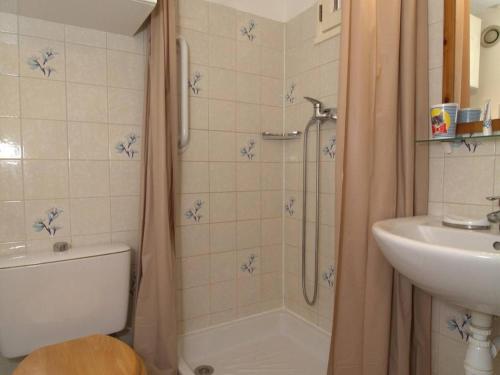 une salle de bain avec une douche, des toilettes et un lavabo dans l'établissement Appartement T1 mezzanine avec balcon, clim, wifi et garage - FR-1-553-195, à Balaruc-les-Bains