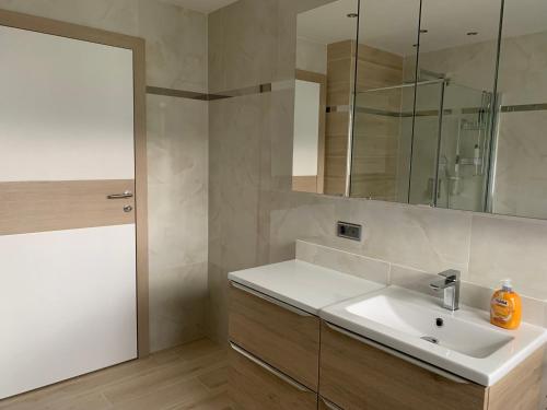 a bathroom with a sink and a mirror at Apartment Naturjuwel in Hünxe