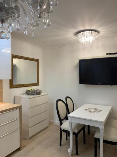 a kitchen with a white table and chairs and a tv at Apartment Naturjuwel in Hünxe