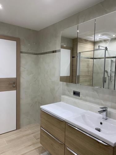 a bathroom with a white sink and a mirror at Apartment Naturjuwel in Hünxe