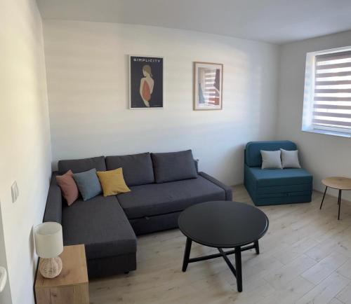 - un salon avec un canapé et une table dans l'établissement New studio apartment with separate kitchen in center of Ruma, à Ruma