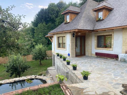 uma casa com um pátio e um lago em Casa cu șindrilă em Vălenii de Munte