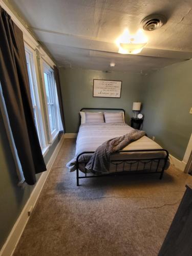 1 dormitorio con 1 cama grande en una pared verde en Cozy Little Getaway, en Winner