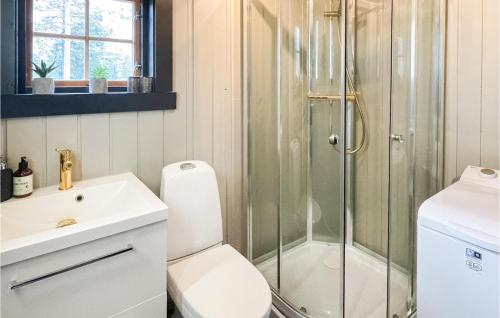 a bathroom with a shower and a toilet and a sink at Beautiful Home In stby With Sauna, Wifi And 4 Bedrooms in Østby