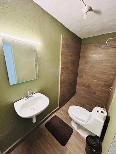 bagno con lavandino, servizi igienici e specchio di Cómodo y sencillo estudio bien ubicado a Guadalajara