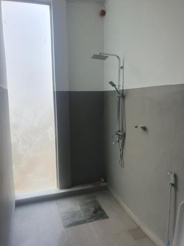 a bathroom with a shower and a glass door at River Front Villa in Wadduwa