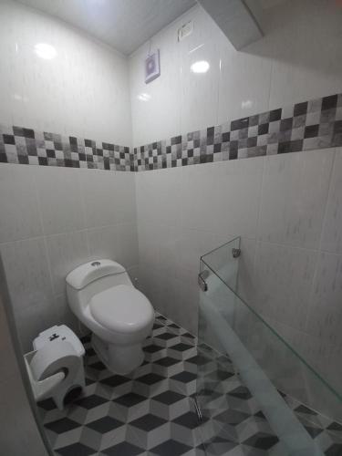 a bathroom with a toilet and a glass shower stall at La Bota del Gigante in Gigante