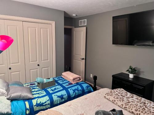 a bedroom with two beds and a flat screen tv at Petit Domicile QUEEN & TWIN Beds Main Floor in Lincoln