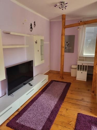 a living room with a flat screen tv on a white entertainment center at Monteurunterkunft Maria in Freital