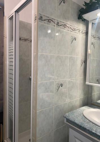 une salle de bain avec douche et lavabo dans l'établissement Les anges bleus, au Tréport