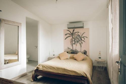 ein Schlafzimmer mit einem Bett und einem großen Spiegel in der Unterkunft Ti salé 1 in L'Étang-Salé-les-Bains
