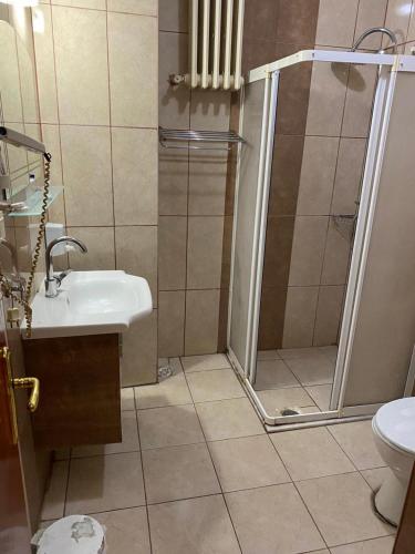 La salle de bains est pourvue d'une douche et d'un lavabo. dans l'établissement PİTHANA OTEL, à Çorum