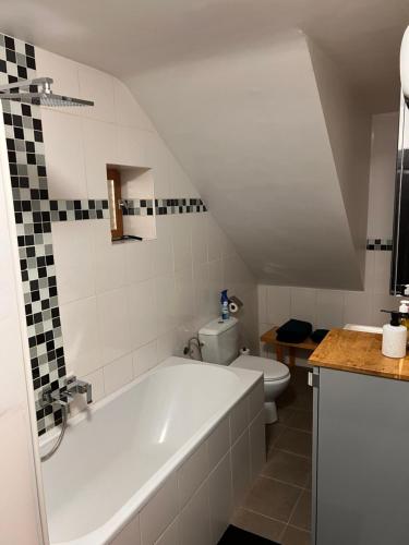 ein Badezimmer mit einer weißen Badewanne und einem WC in der Unterkunft Résidence du moulin 2-B-1 in Boussu