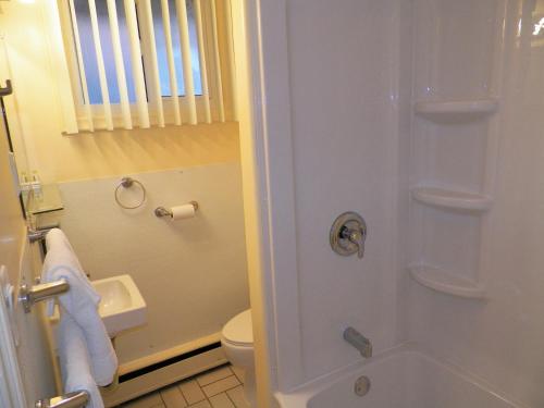 a bathroom with a shower and a sink and a toilet at Sunparlor Motel in Leamington