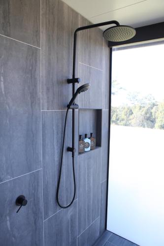 a shower with a shower head in a bathroom at Avion Retreat in Pumpenbill