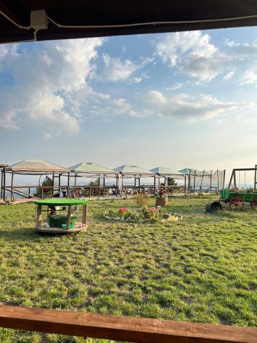 a park with tables and umbrellas in a field at Хижа Тополица -The beautiful view in Aytos