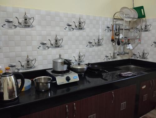eine Küche mit Spüle mit Töpfen und Pfannen in der Unterkunft Northern Suite Home Apartment in Pokhara