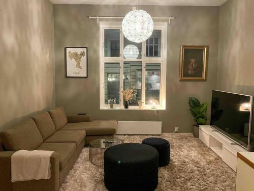 - un salon avec un canapé et une télévision dans l'établissement Central and modern apartment in Oslo, à Oslo