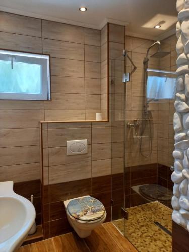 La salle de bains est pourvue d'une douche, de toilettes et d'un lavabo. dans l'établissement Manyika Vendégház, à Balatonalmádi