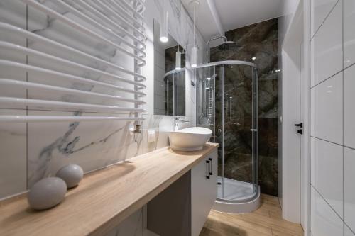 W łazience znajduje się umywalka i prysznic. w obiekcie Apartamenty Centrum III w Bydgoszczy