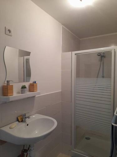 a white bathroom with a sink and a shower at En passant par La Maraude in Vigneulles-lès-Hattonchâtel