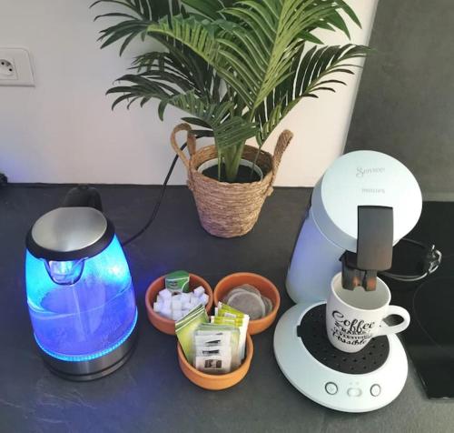 einen Tisch mit Kaffeemaschine und Pflanze in der Unterkunft Charmant Studio idéalement situé in Morez
