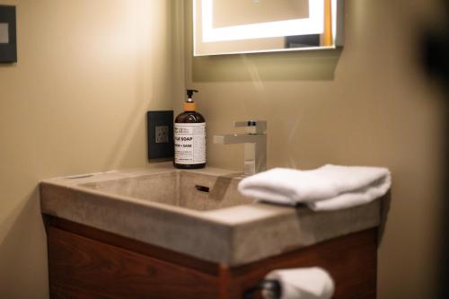 a bathroom sink with a bottle of wine on it at Luxe Modern Timberframe - Iconic Panorama Views with AC in Nelson