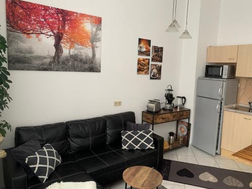 a living room with a black couch and a refrigerator at Fewo-Liza in Wernigerode
