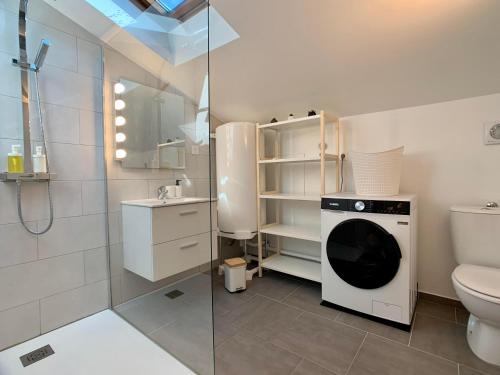 une salle de bain avec machine à laver et toilettes dans l'établissement Appartement cosy avec parking, à Dinsheim