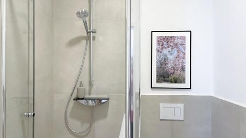eine Dusche im Bad mit einem Bild an der Wand in der Unterkunft Apartments am Dom in Naumburg