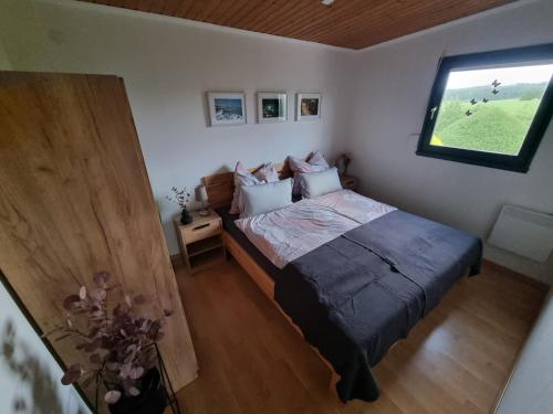 a bedroom with a large bed and a window at Ferienhaus Eifel Nature Dream in Dockweiler