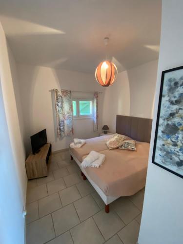 - une chambre avec 2 lits et une télévision dans l'établissement Dolce Notte, l'idéal pour des vacances à Bastia - Appartement avec vue panoramique et piscine sur les hauteurs, à Bastia