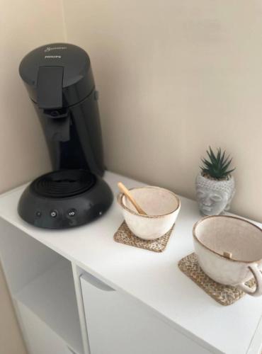 a coffee maker and two bowls on a counter at Villa baie du lac lagune in Biscarrosse
