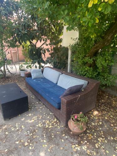 a blue couch sitting on the ground under a tree at Casa Elisa 10 B in Bellaria-Igea Marina