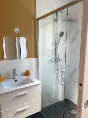 a bathroom with a glass shower and a sink at villa baie du lac pyla in Biscarrosse