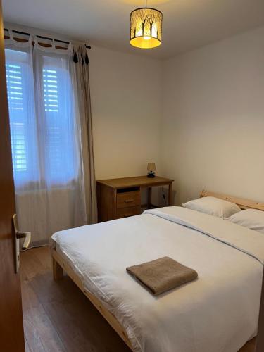a bedroom with a white bed and a window at Appartement Spacieux au Pays du Mont-Blanc in Sallanches