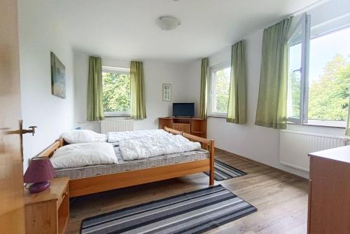 a bedroom with a bed and two windows at Ferienwohnung Gartenblick in Wesenberg