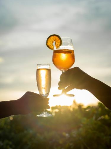 two people holding glasses of beer and an orange slice at Baan innto resort in Fang